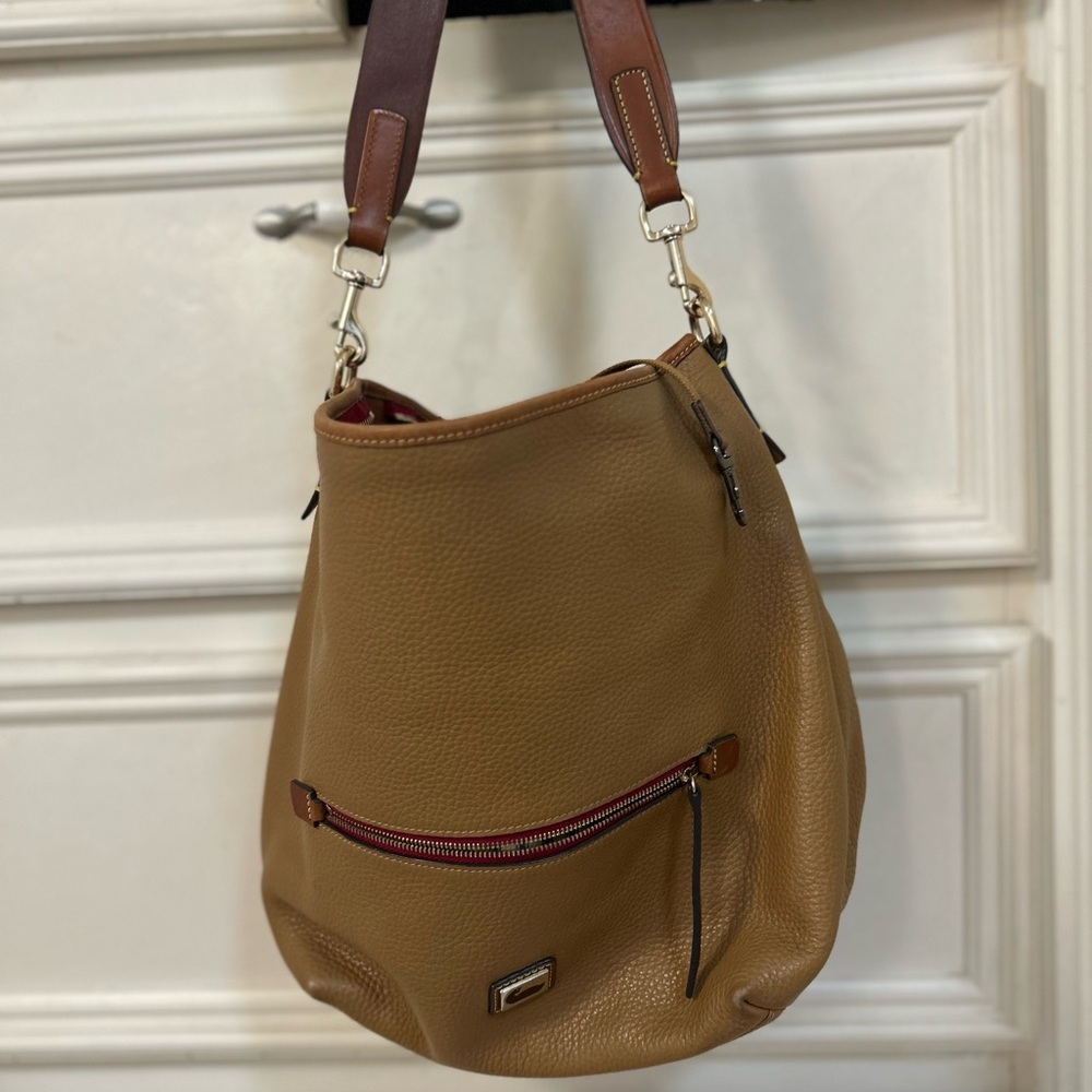 Dooney & Bourke Pebbled Leather Hobo - Camel Brown with Red Accent